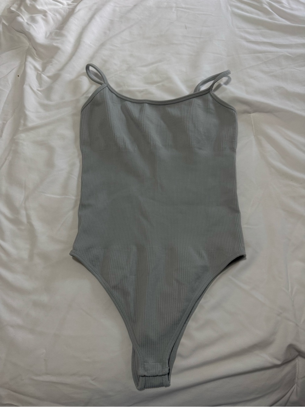 Ribbed Spaghetti-Strap Bodysuit in Light Gray